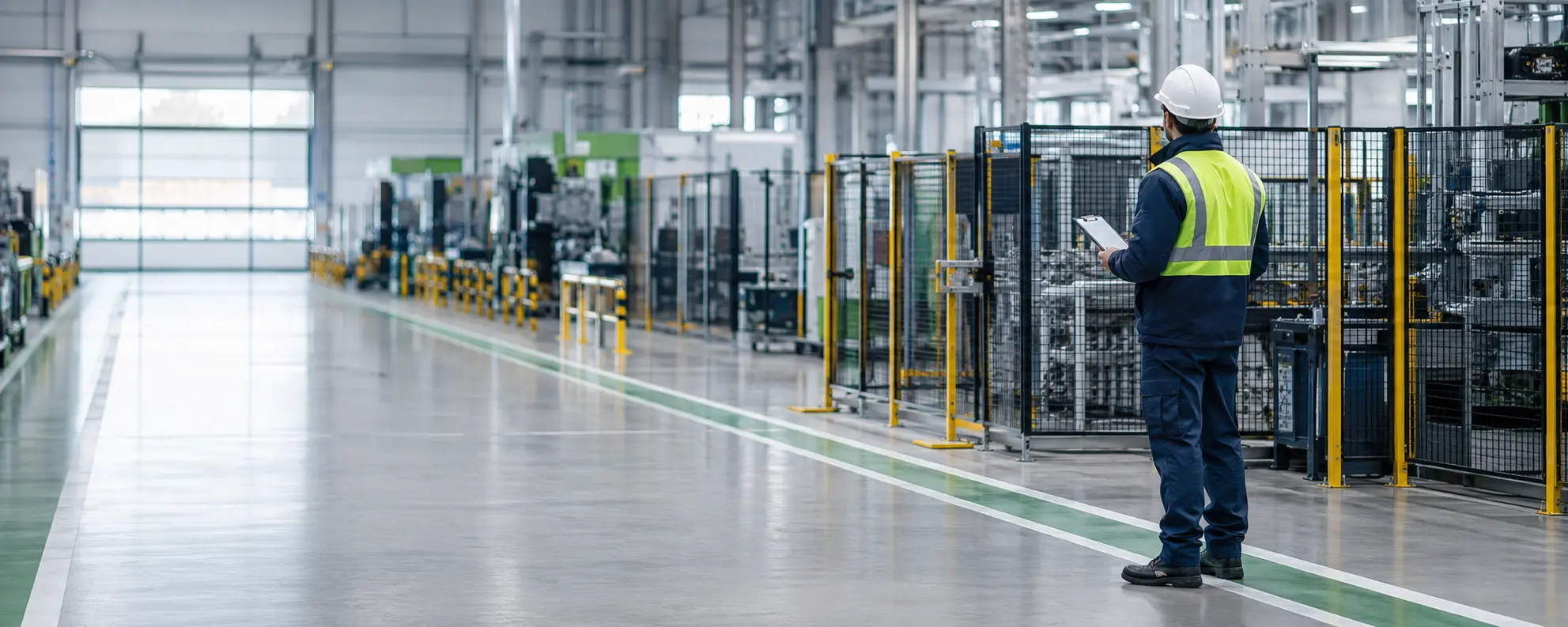 Externe Fachkraft für Arbeitssicherheit bei einer Betriebsbegehung in einer Produktionshalle